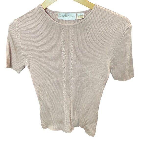 Dana Buchman Light Pink Ribbed Silk Short Sleeved Sweater Sz M - Picture 1 of 9